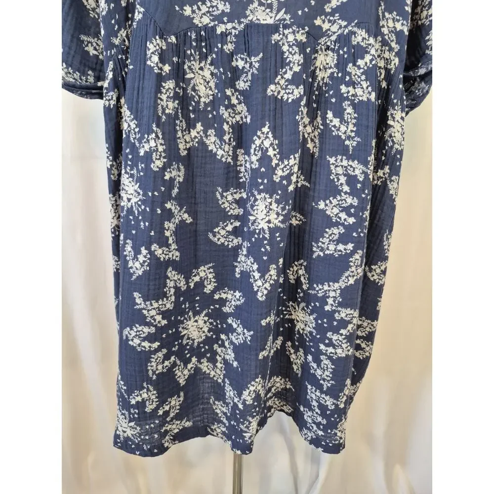 Free People Belezza Babydoll Floral Printed Blue Cotton Mini Dress Large